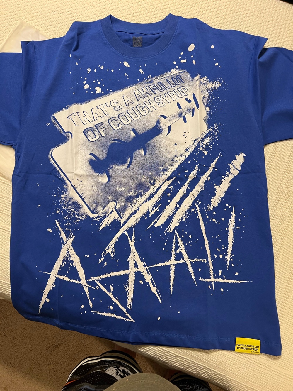 XL ALOCS AAALI Men's Blue Graphic Short Sleeve Tee with White Razor Blade Print